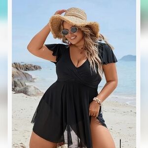Plus Size Bathing Suit One Piece Swim Dress Tummy Control V Neck black Sz L‎